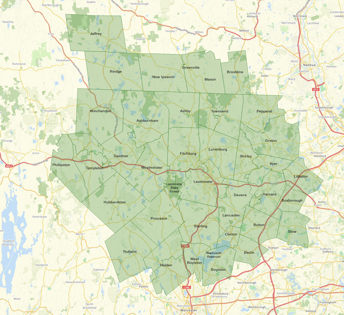 MyOil4Less service area map covering North Central Massachusetts and Southern New Hampshire